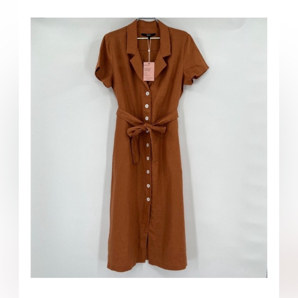 Quince Linen Button Front Dress sz M Women's Terracotta Orange Midi A-Line Belt
